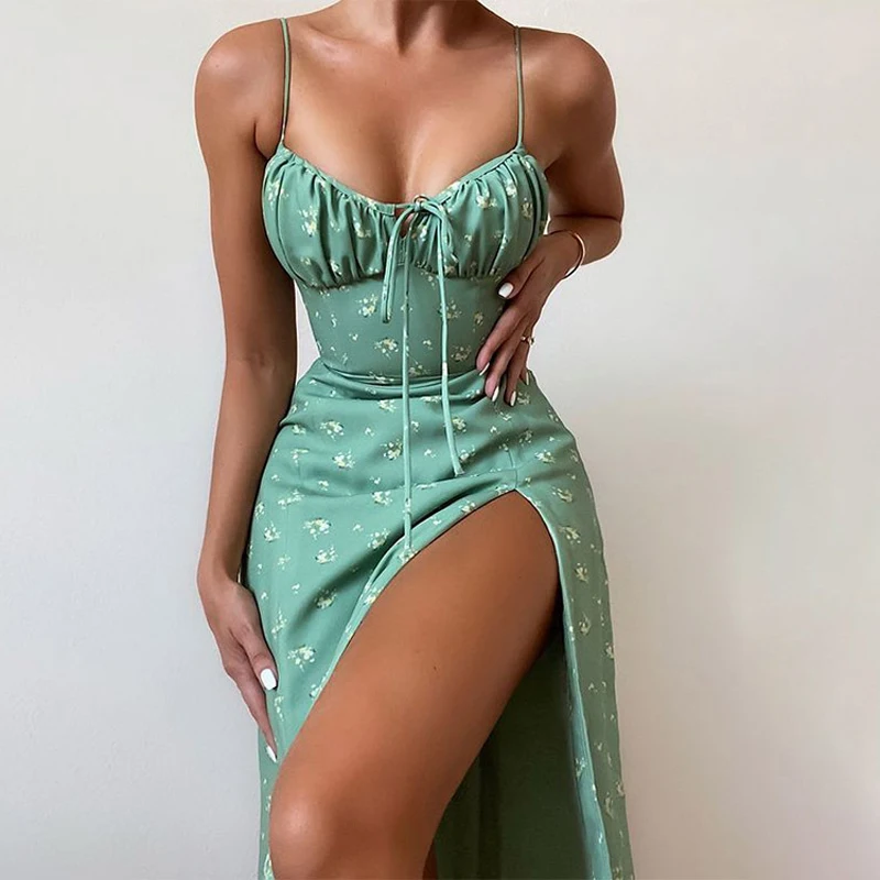 

2021 New Fashion Spring Summer Strap Dress Sexy Elegant Print Sleeveless Dress Backless Split Skirt Women Dress
