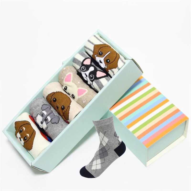 

Fashion Women Cartoon Socks Gift Box 6 Pairs/Box Colorful Shiba Inu Beagle Pug Cotton Sock Ladies Lovely Cute Pop Korean Socks