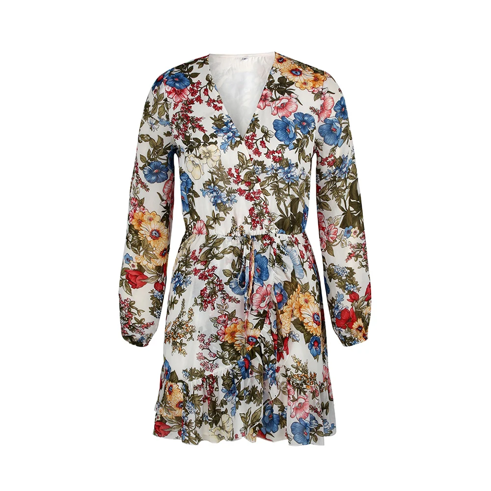 

Woman Dress 2021 Spring Summer Vintage Sexy V Neck Floral Print A-Line Dress Casual Full Sleeve Lace Up High Waist Chiffon Dress