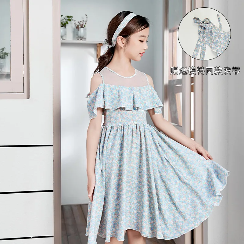 

Ruffles Florals Child Chiffon Dresses For Girls Kids Clothes Fashion 2021 Off Shoulder Patchwork Sweet Dress Children Clothing