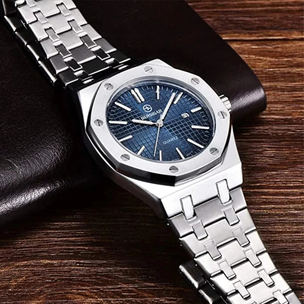BERSIGAR Fashion Quartz Watch Stainless Steel Waterproof Business Sport Men's Watches Luxury Blue Wristwatch Relogio Masculino