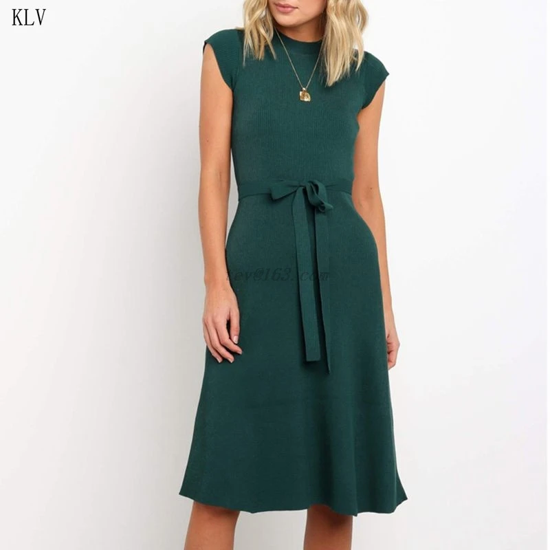 2019 лето осень трикотажное платье офисное женское с рукавами крылышками