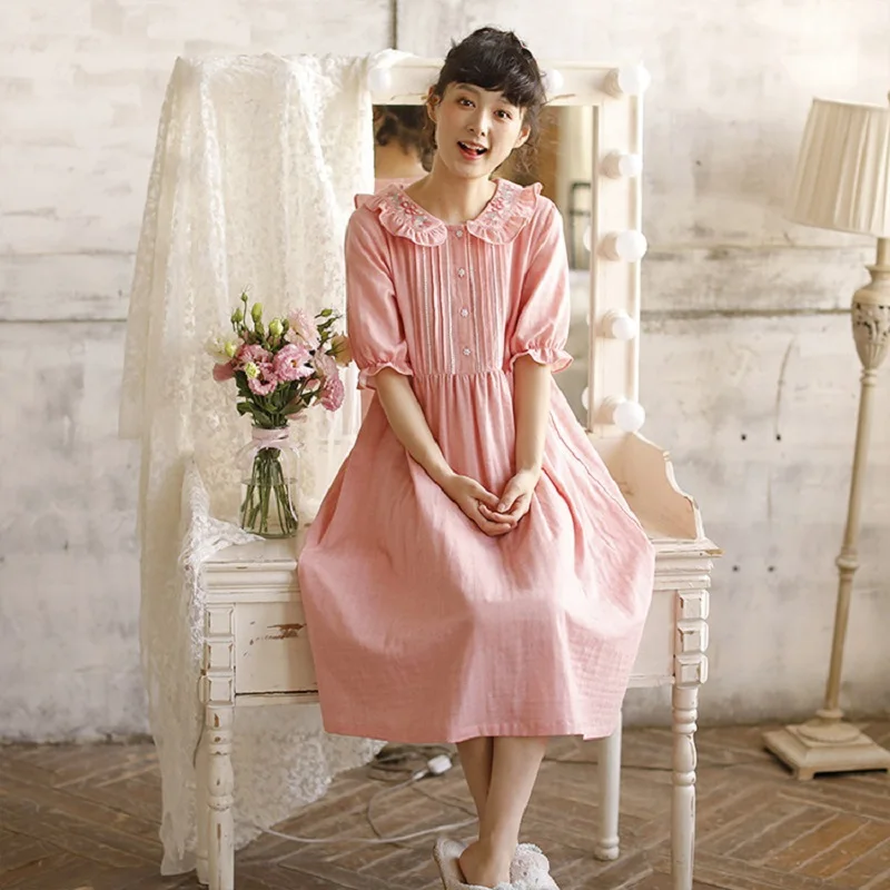 

Hanxiuju Cotton Nightgowns For Women Summer Embroidery Solid Color Short Sleeve Sleepwear Sweet Girls Dress