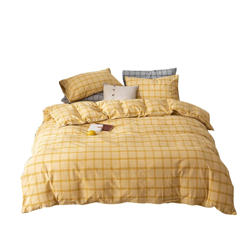 

Japanese-style Washed Cotton Four-piece Set, Nude Sleeping Soft Simple Plaid Cotton Bed Linen and Household Bedding Set