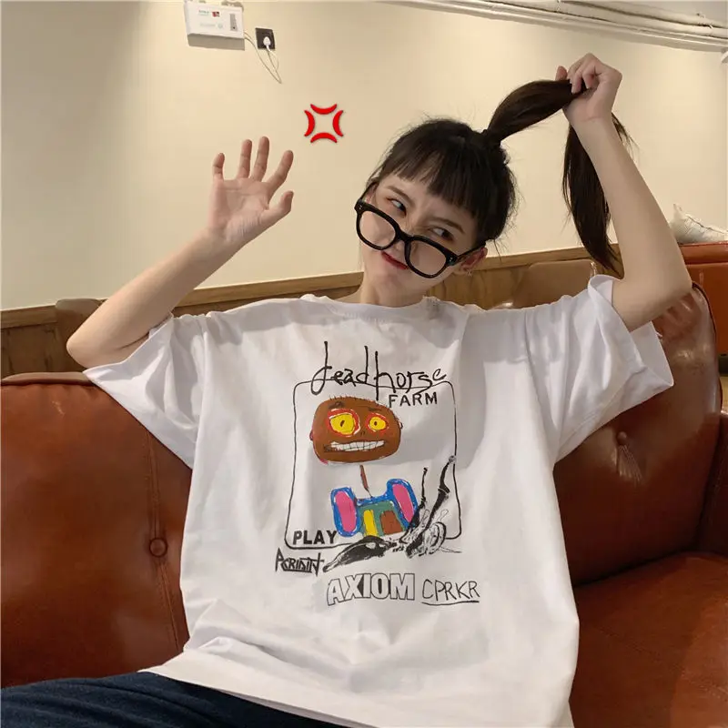 

NiceMix aesthetic t shirt women Cotton cartoon graffiti printing T-shirt female 2020 summer new loose shirt harajuku ropa mujer
