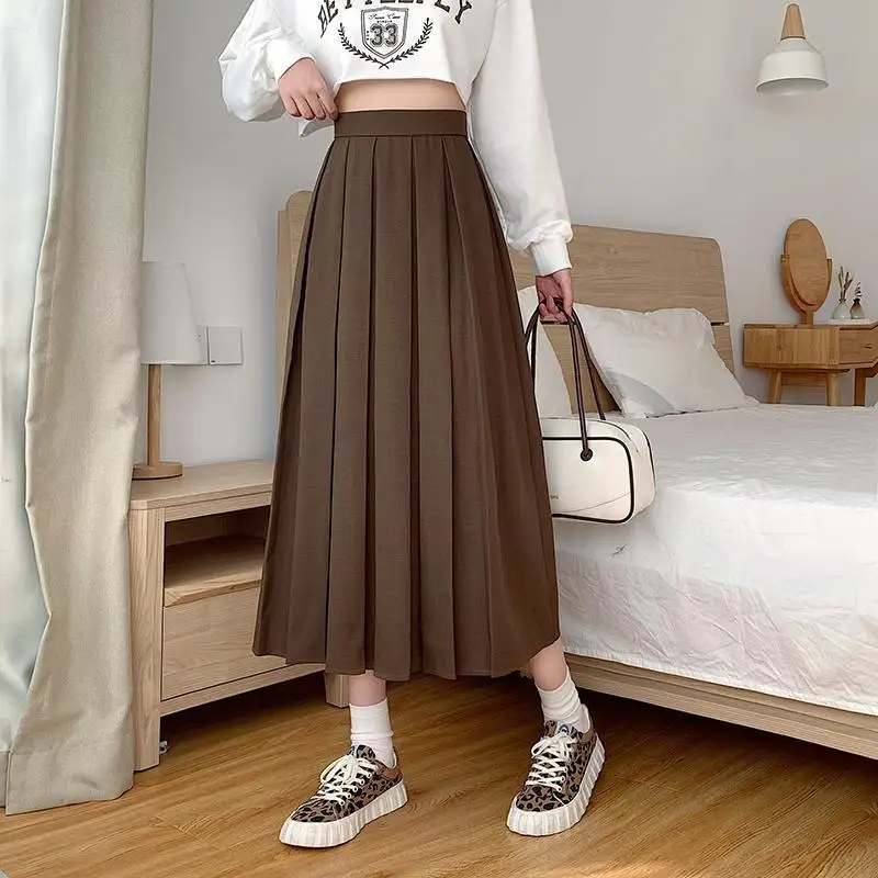 

HOUZHOU Vintage Brown Pleated Long Skirts Autumn 2021 Women Korean Fashion High Waist Black Elegant A-line Midi Skirt for Girls