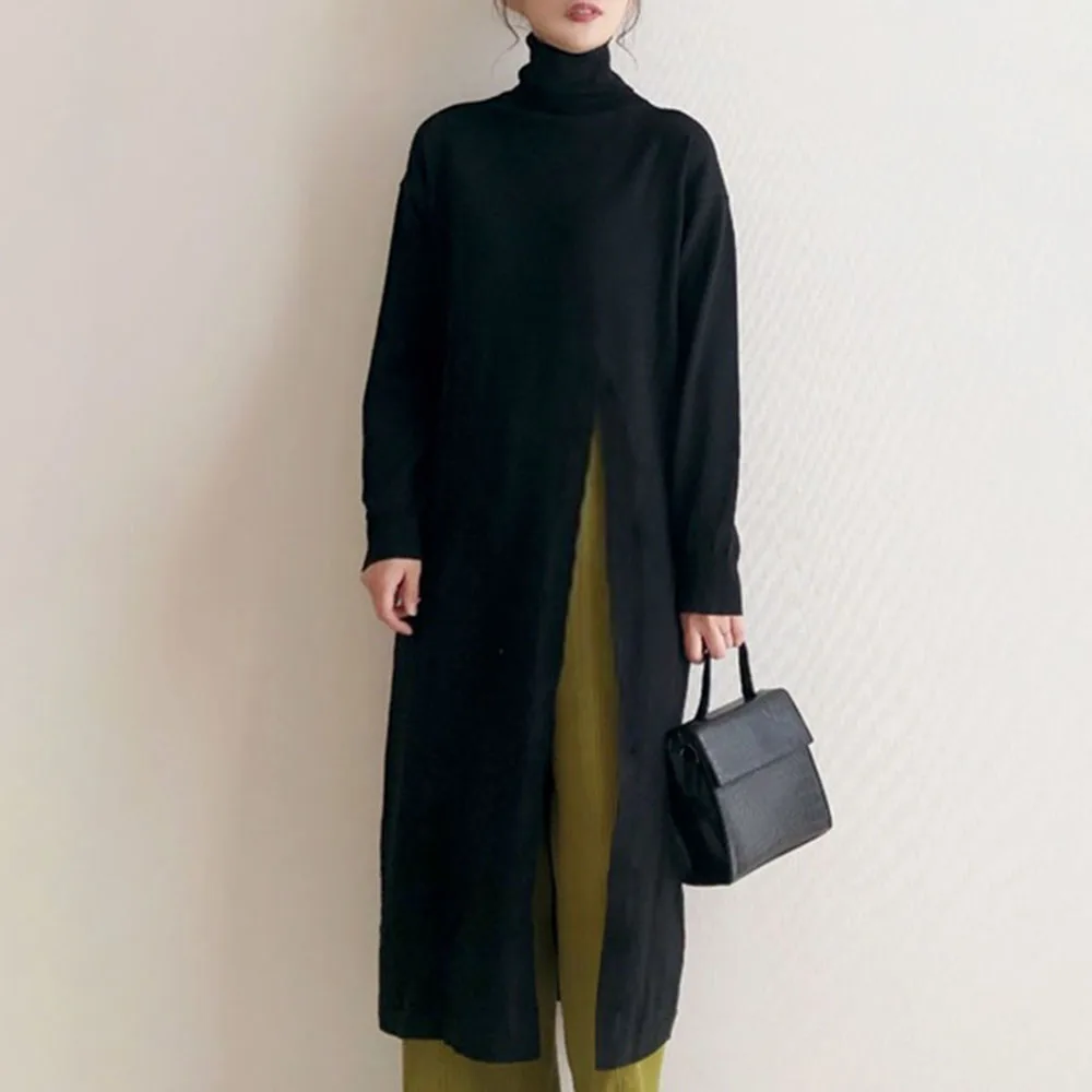 Женский Длинный свитер с высоким воротником черный вязаный Топ разрезом и