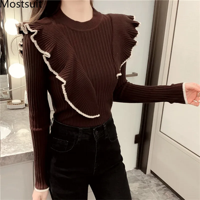 

2022 Winter Ruffles Knitted Slim Pullovers Sweaters Women Long Sleeve O-neck Korean Casual Fashion Female Tops Jumpers Femme
