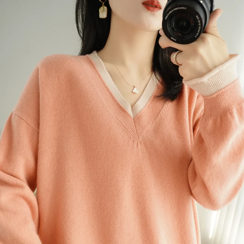 

Cashmere Sweater Autumn/Winter 2021 New Women's V-neck Pullover Casual Korean Oversized Knitted Top Female Jacket 100% wool