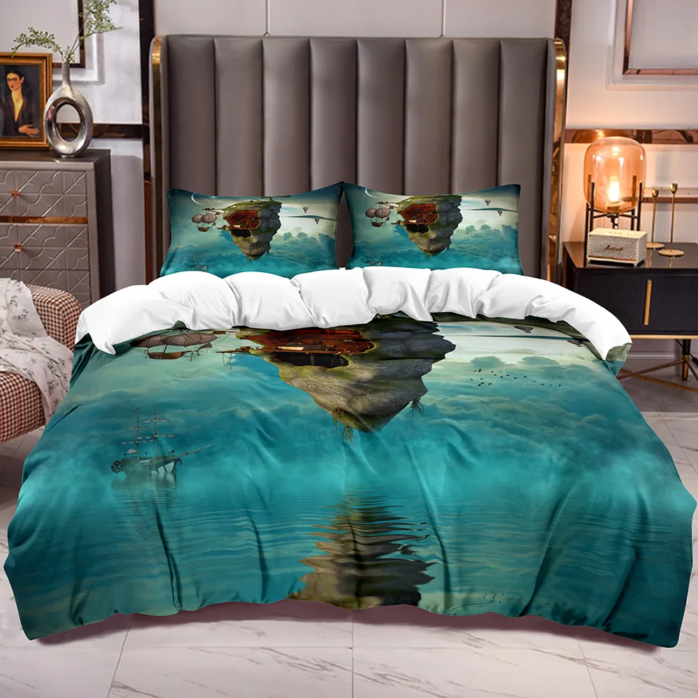 

Soft Kids Duvet Cover Sets with Zipper Closure Floating Stone House Print Bedding Comforter Cover with Hot Air Ballon Lake Boat