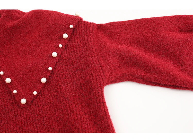 

Hsa Women Sweet Jumpers Bow Collars Lantern Sleeve Pearl Beading Knitwear Long Sweater Red Pull Sweater Loose Knit Dress