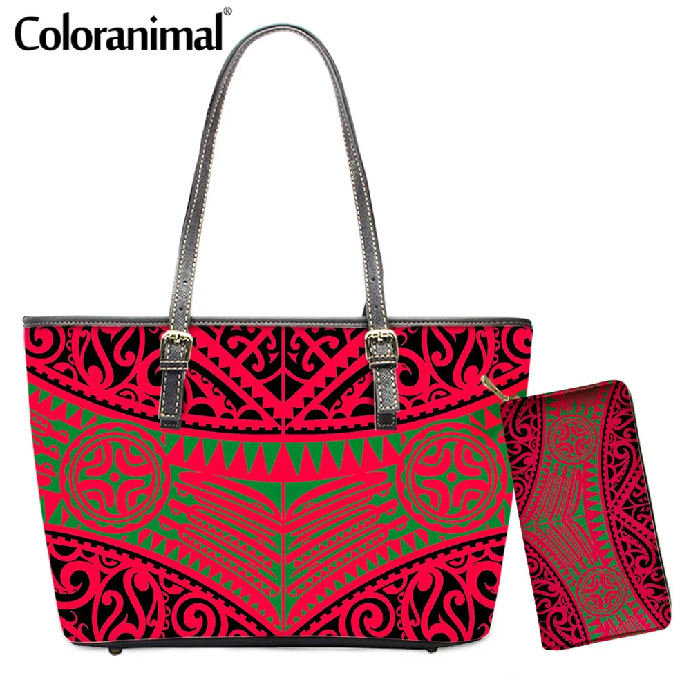 

Coloranimal Samoan Tribal Pattern Women Shoulder Bag 2Pcs/Set Ladies Tote Handbag&Wallet Large Crossbody Bag PU Leather Bolsa