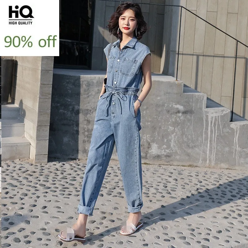 Высокая улица без рукавов с ОТВОРОТОМ однобортный женский джинсовый комбинезон