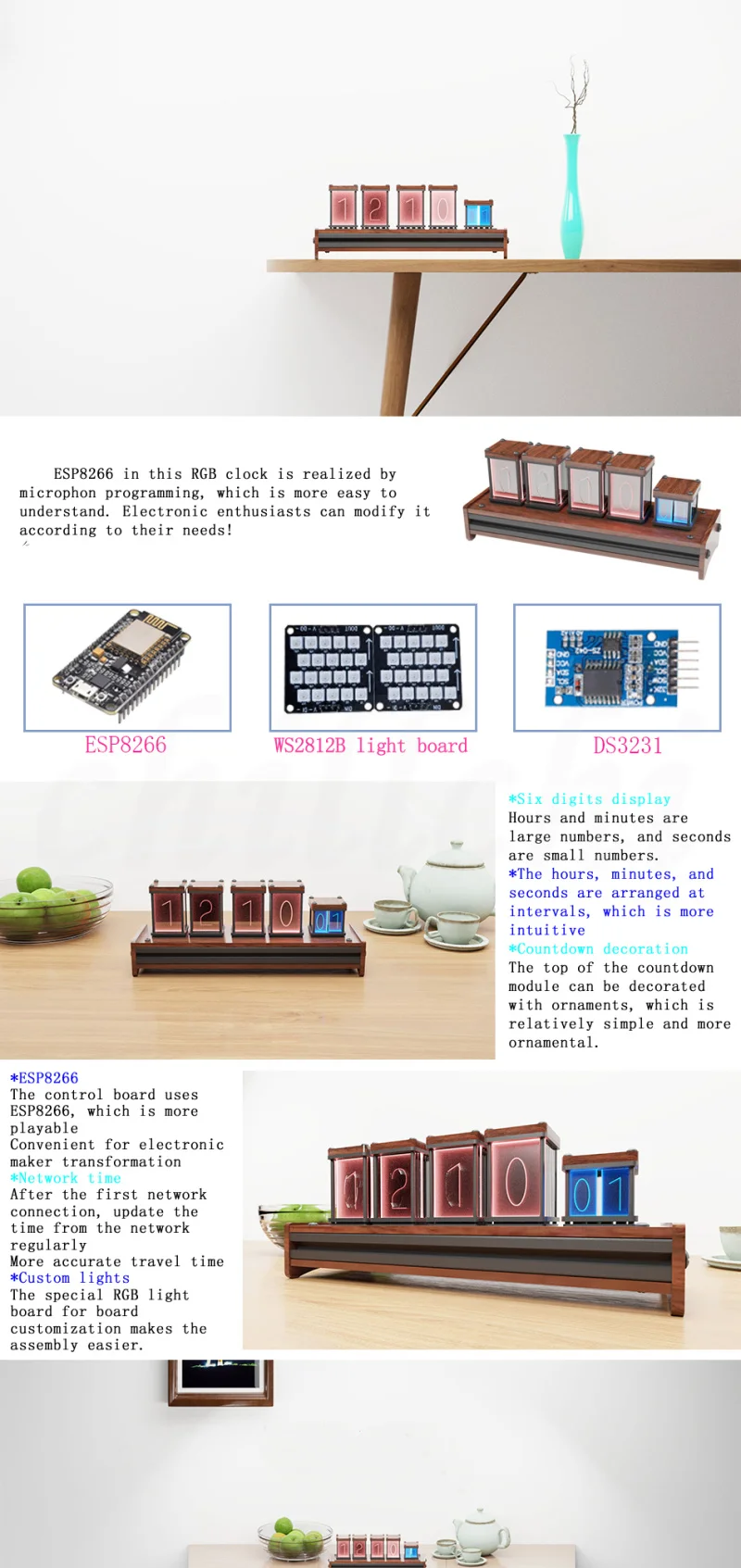 6-битные аналоговые светящиеся трубчатые часы креативные цифровые RGB