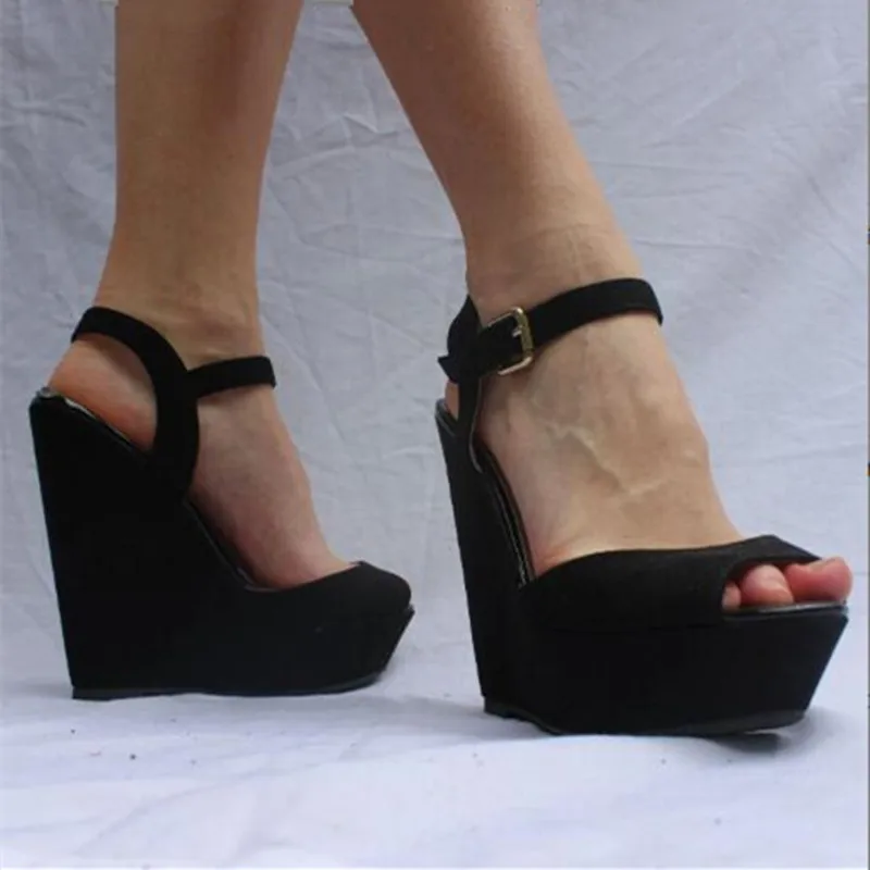 

Beautiful fashionable lady's sandals, suede, about 4.5 cm platform, 14.5 cm wedges heel sandals, women's sandals