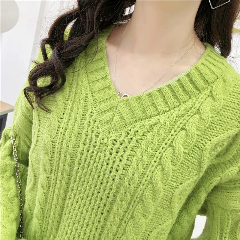 

Twisted Knitting V-neck Pullover Sweater Women Long Sleeve Korean Ins Style Casual Fashion Tops Sweaters 2019 Autumn Winter Tops