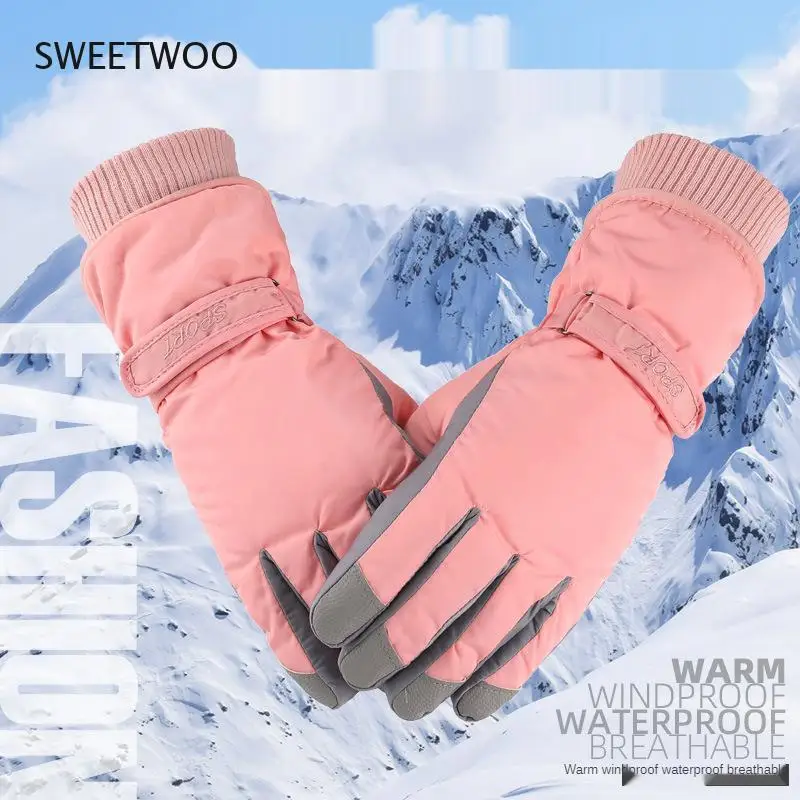 Women High Quality Warm Full Finger Velvet Waterproof Ski Gloves For Snowboard & Snow Black 2021