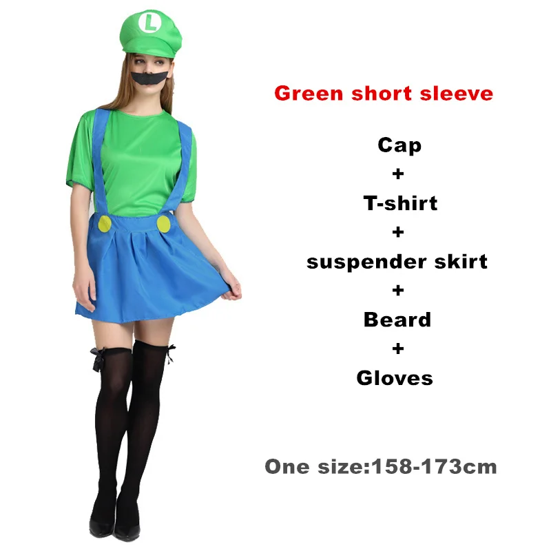 Green short sleeve Взрослый Хэллоуин Супер Марио Детский костюм косплей семья Funy Luigi Bros сантехник Пурим костюм нарядное платье Рождественские Вечерние - Цвет: Green short sleeve
