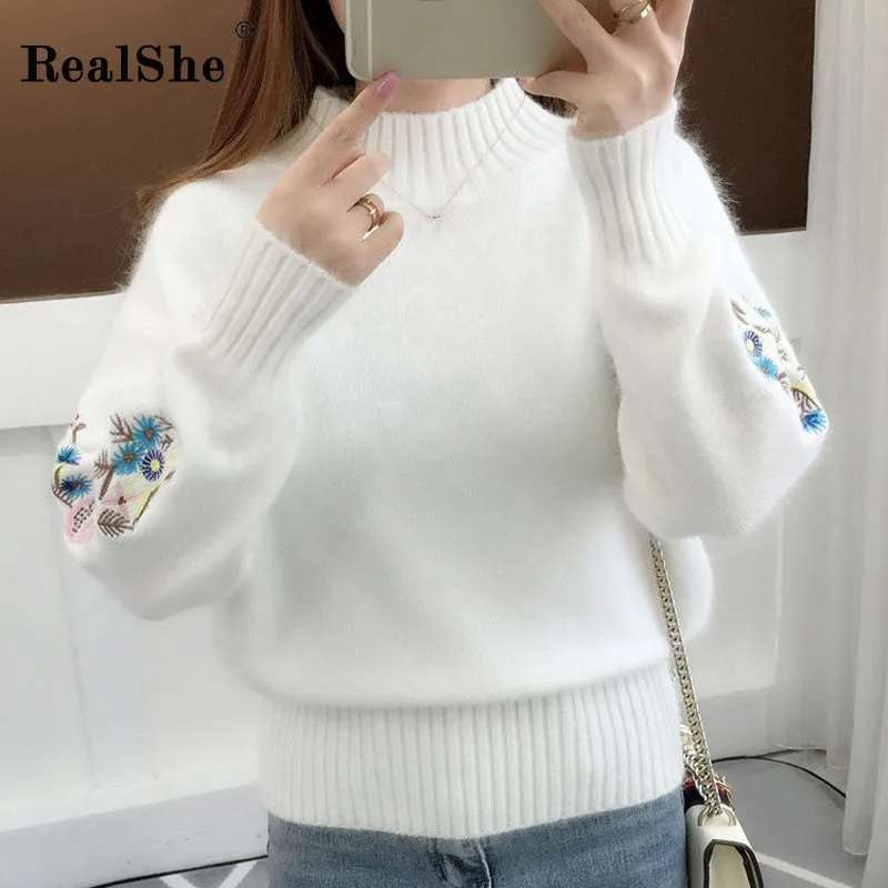 RealShe Осенний женский свитер 2019 водолазка длинный рукав вышивка толстый