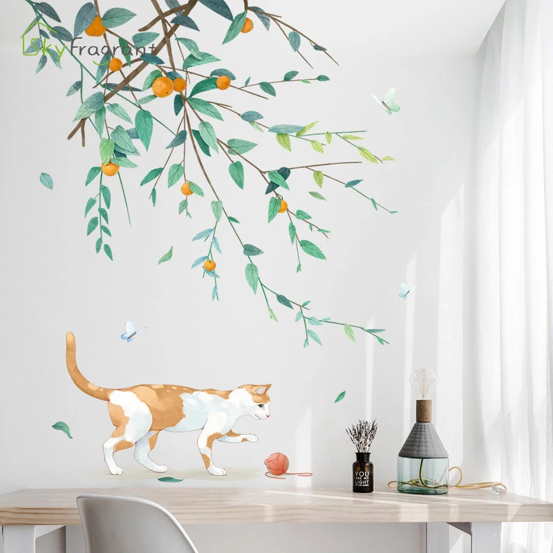 Creative Fresh Wall Sticker Fruit Branch Cat Self-adhesive Living Room Decoration Bedroom Decor Home Stickers | Дом и сад