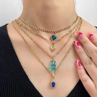 new cute crystal heart bear pendant chain necklace for women multilayer love heart golden clavicle chain necklaces boho jewelry