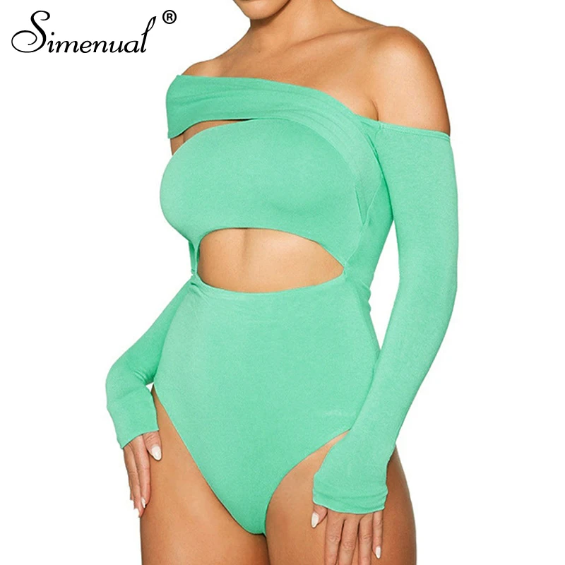 

Simenual Cut Out Off Shoulder Solid Simple Bodysuits Long Sleeve Bodycon Basic Top Fall Winter 2021 Women Fashion Hot Bodysuit