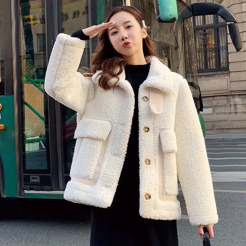 

2021 Winter New Lamb Wool Coat for Women Korean Turndown Collar Cashmere Jacket Female Loose Thick Warm Casual Overcoat