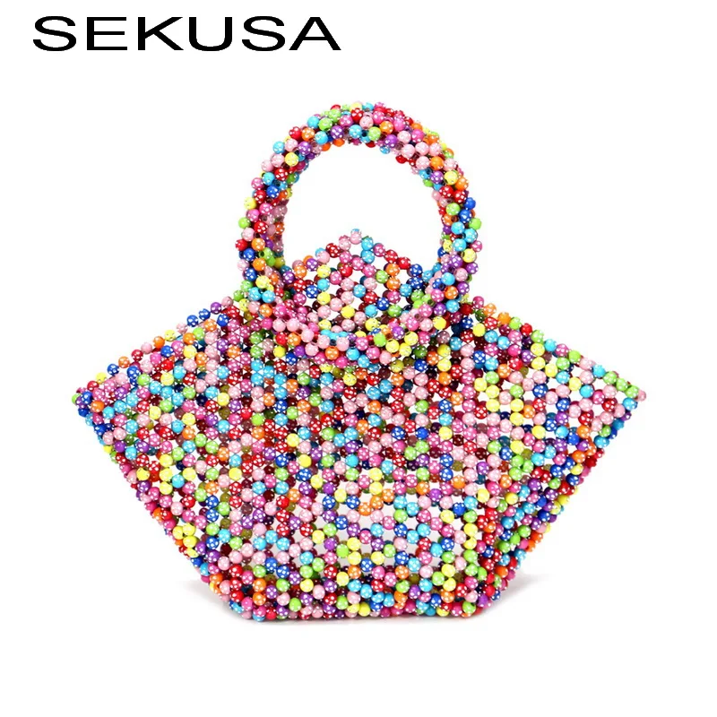 SEKUSA Behomian style women beaded day clutches pearl handmade wedding bridal handbags for party evening bag case holder