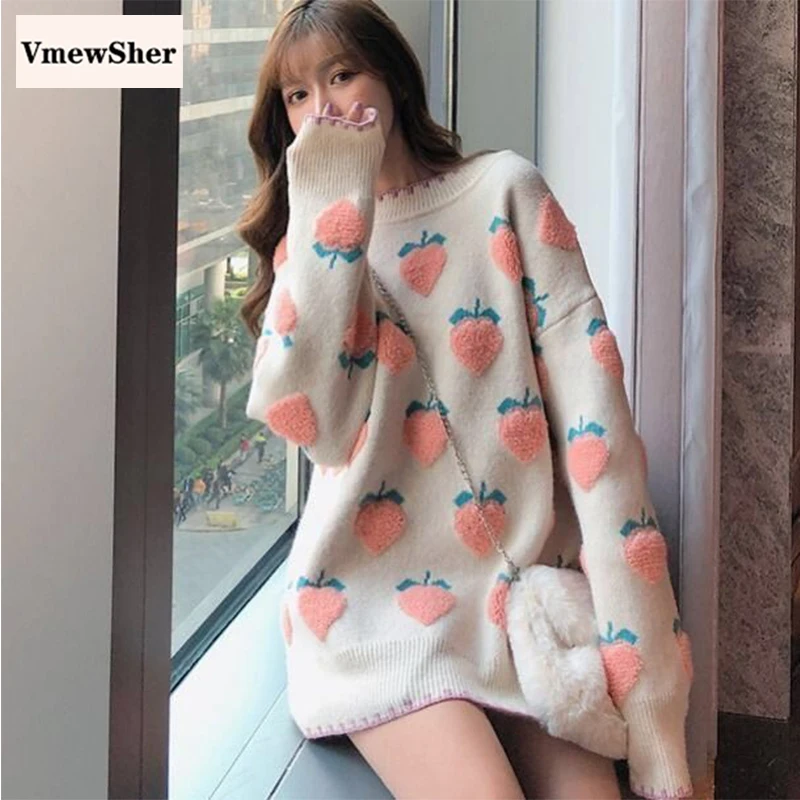 

VmewSher New Peach Strawberry Sweater Women Winter Loose Thick Warm Pullover Casual Korean Cute O-neck Jumper Knitted Tops