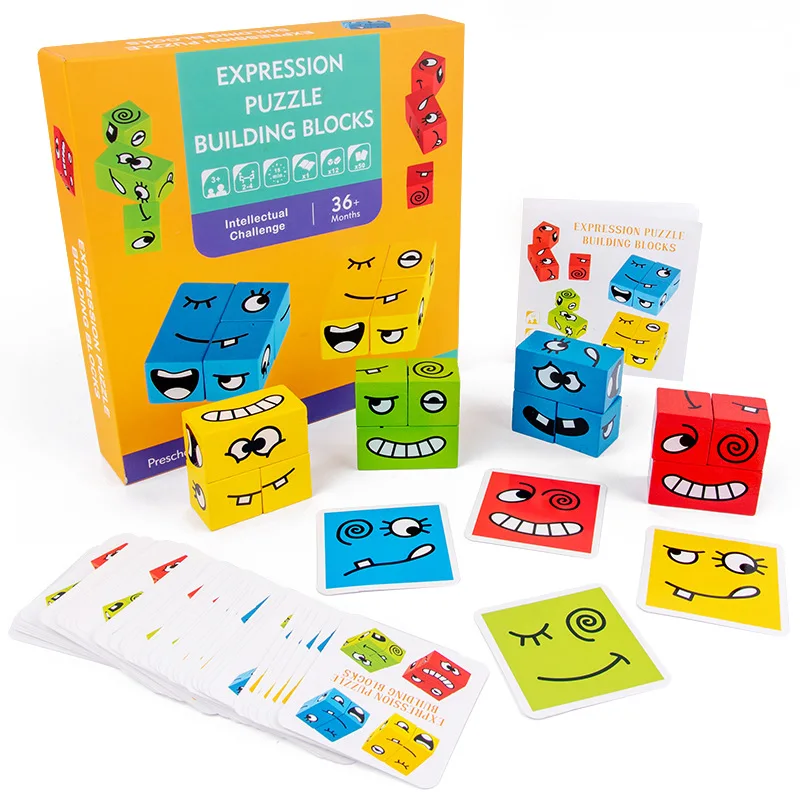 Bloques de construcci&oacute;n de cubo que cambian la cara, juego de mesa de dibujos animados, rompecabezas Montessori, juego de nivel de madera, desaf&iacute;o para pensar, juguetes para ni&ntilde;os-4