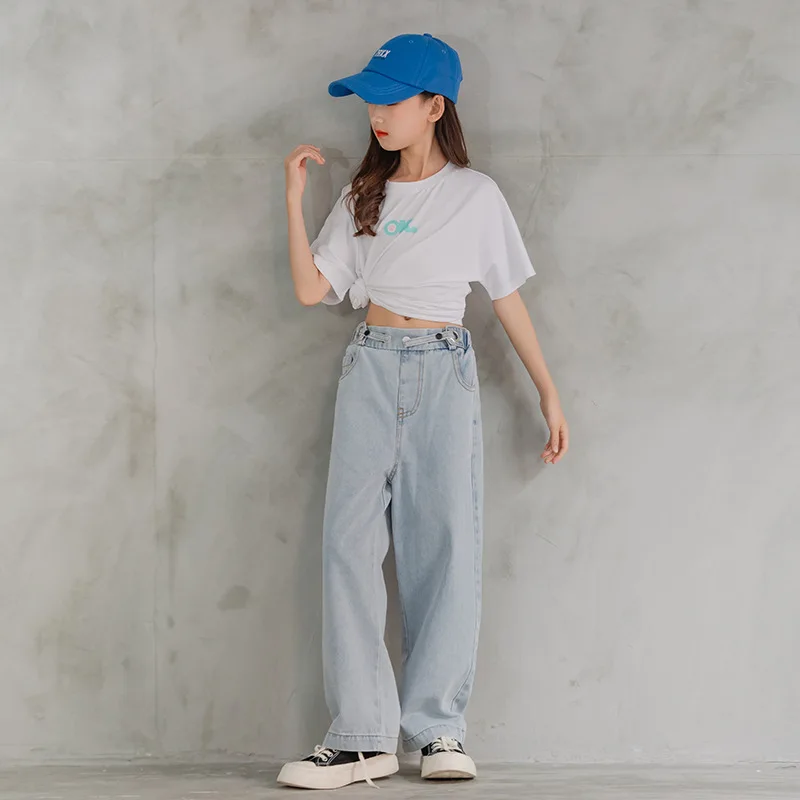 Jeans for Girls Autumn Clothes for Teenagers Solid Loose Kids Wide Leg Pants Fashion Casual Children Trousers Girl Clothing 14 Y