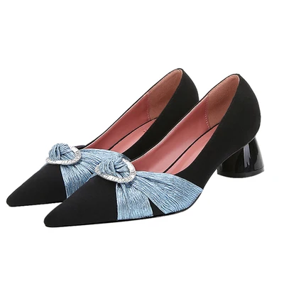 

French high heels 2021 spring and autumn new shallow mouth color matching bow pointed thick heel comfortable shoes