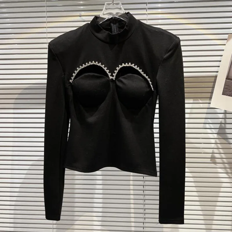 

SeeBeautiful Rhinestone Edge Hollowed Out Sponge Breast Pad T-shirt Stand Long Sleeve Women Summer 2022 New Fashion Q020