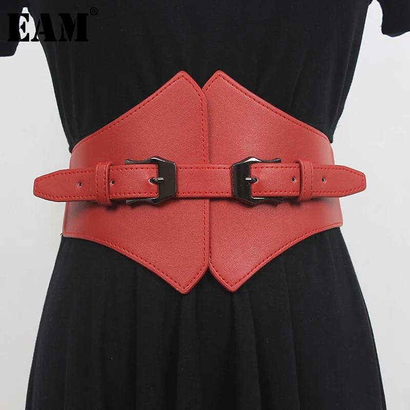 

[EAM] Pu Leather Red Buckle Irregular Wide Elastic Belt Personality Women New Fashion Tide All-match Spring Autumn 2021 1DE3555