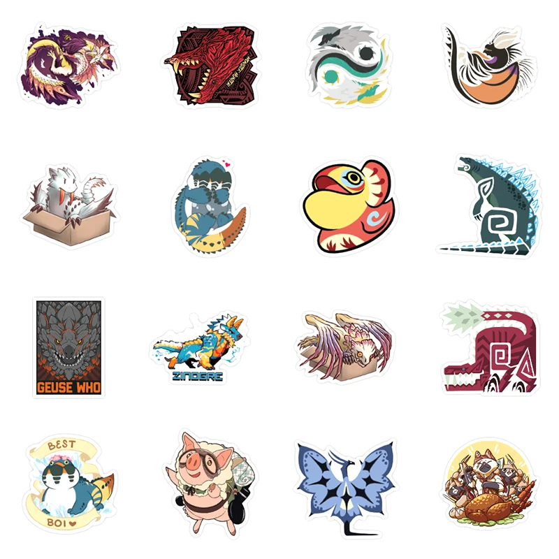Juego de pegatinas de Monster Hunter para ni&ntilde;os, calcoman&iacute;a de coche para ordenador port&aacute;til, monopat&iacute;n, regalo para ni&ntilde;os, 10/30/50 unidades por paquete-2