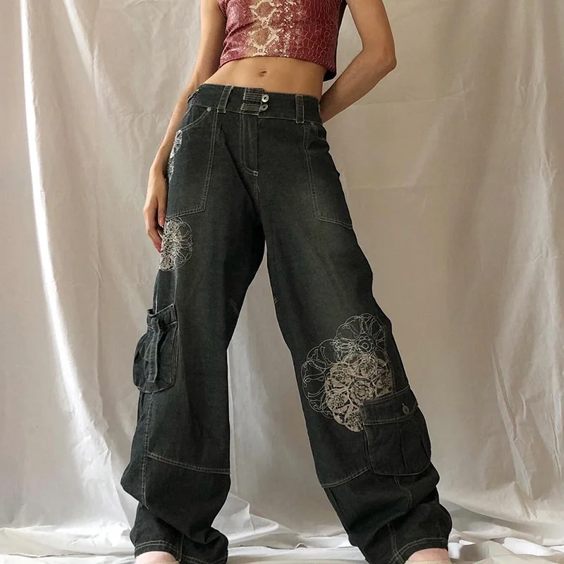 

Retro Print Y2K Baggy Jeans Women Loose Casual Jeans High Waist Cargo Denim Trousers Streetwear Casual Sweatpants
