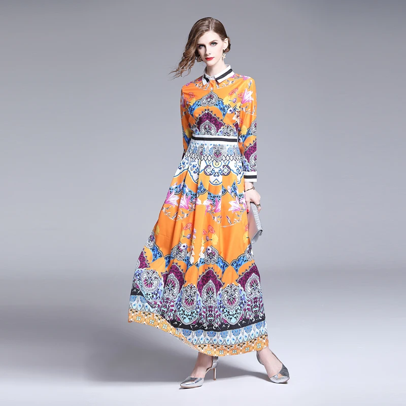 

2021 New Designer Runway Woman Fashion Robe Palace Floral Print Long Sleeve Ladies Elegant Party Casual A-Line Maxi Beach Dress