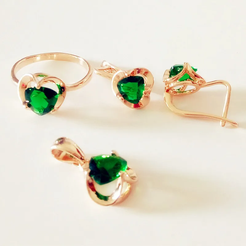 Новая мода серьги Ювелирные наборы Мода зеленая в форме сердца кубический циркон