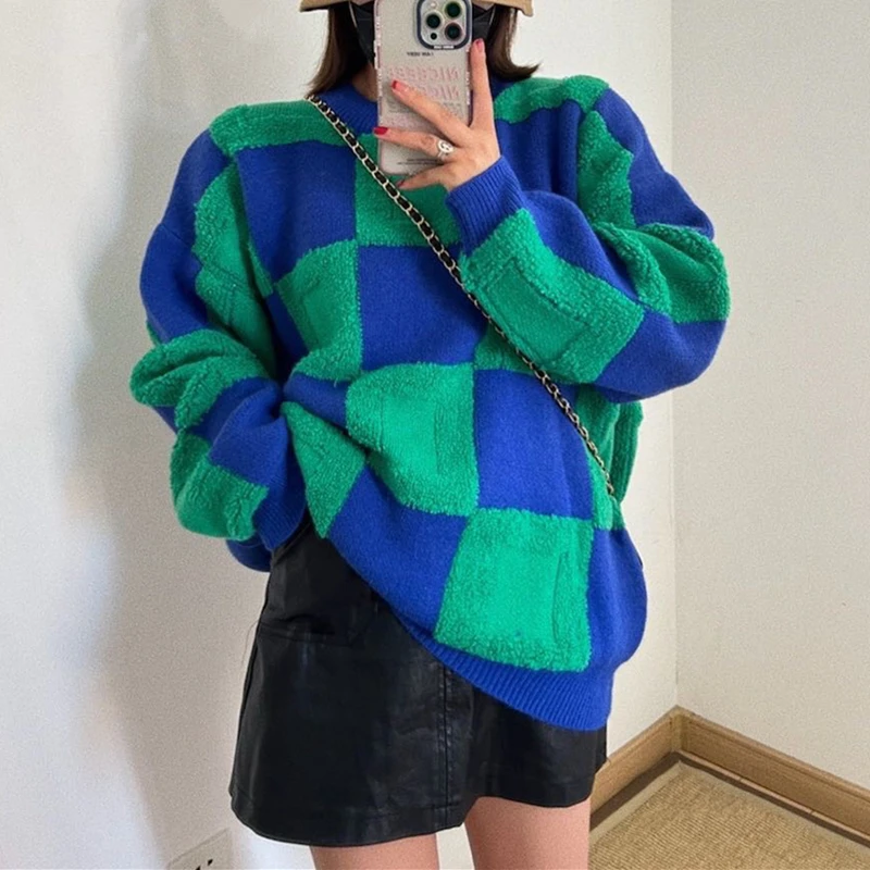 

New 2021 Women's Autumn Winter Sweaters Pullovers Checkerboard Korean Oversized Elegant Vintage Lady Jumpers