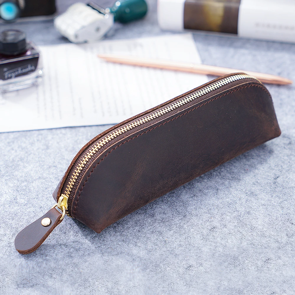 Moterm Handmade Genuine Leather Zipper Pen Pencil Bag Vintage Retro Style Creative School Stationary Accessories Free shipping|pencil bag|pen