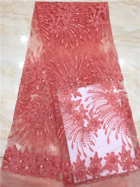 

Promotion price Africa lace fabric high quality Watermelon red Sequins Embroidered French lace cheap sequins fabric X08