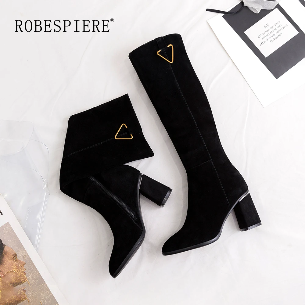 

ROBESPIERE Hot Sale Zipper Knee High Boots Women Classics Black Square High Heel Woman Leather Shoes Winter Large Size Boots B33