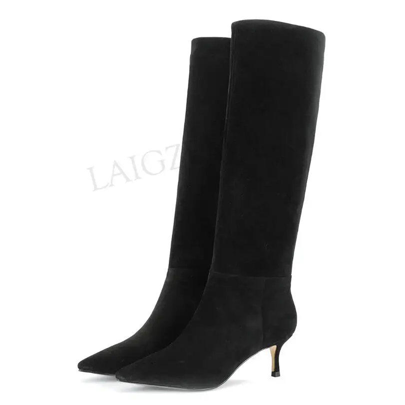 LGZ828 Suede LAIGZEM женские сапоги до колена наивысшего качества г. Зимние сапоги из кожи и замши с боковой молнией на каблуке «рюмочка» Botines Mujer, размер 34 39 - Цвет: LGZ828 Suede