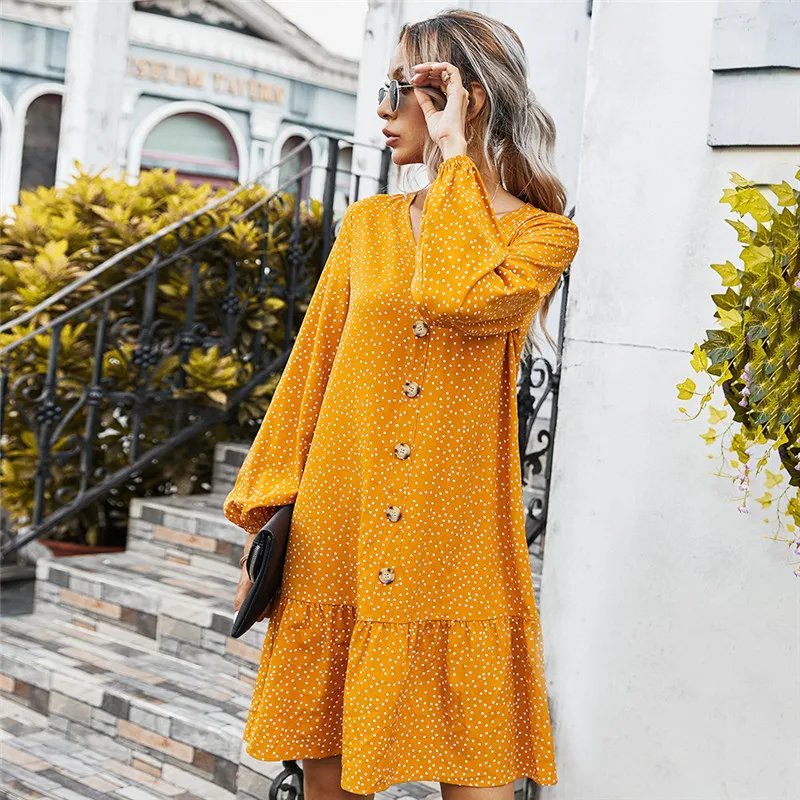 

Женское свободное платье с принтом, повседневное офисное платье в горошек с V-образным вырезом, пуговицами и рукавами-фонариками, Осень-зима...