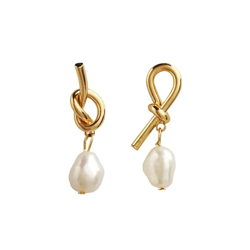 

L76 Creative asymmetric bowknot earrings geometric metal pearl zircon earrings gift link for buyer