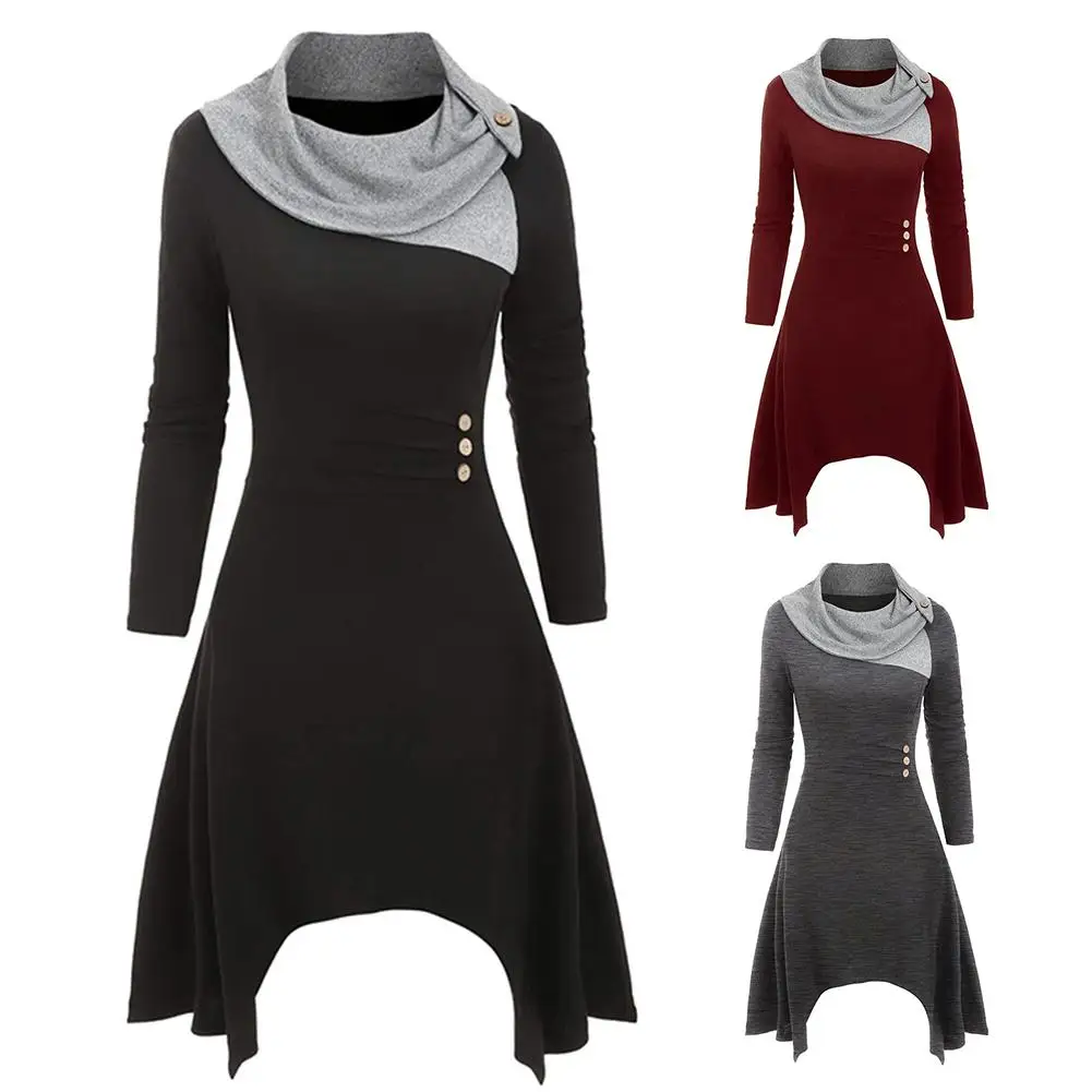 

Plus Size Women Color Blocks Heap Collar Long Sleeve Irregular Hem Midi Dress