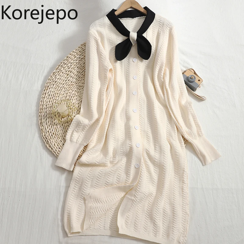 

Korejepo Versatile Tie Neck Dress 2021 Winter New Contrast Color Slim Breasted Comfortable Knitted Dresses Bottomed Long Dress