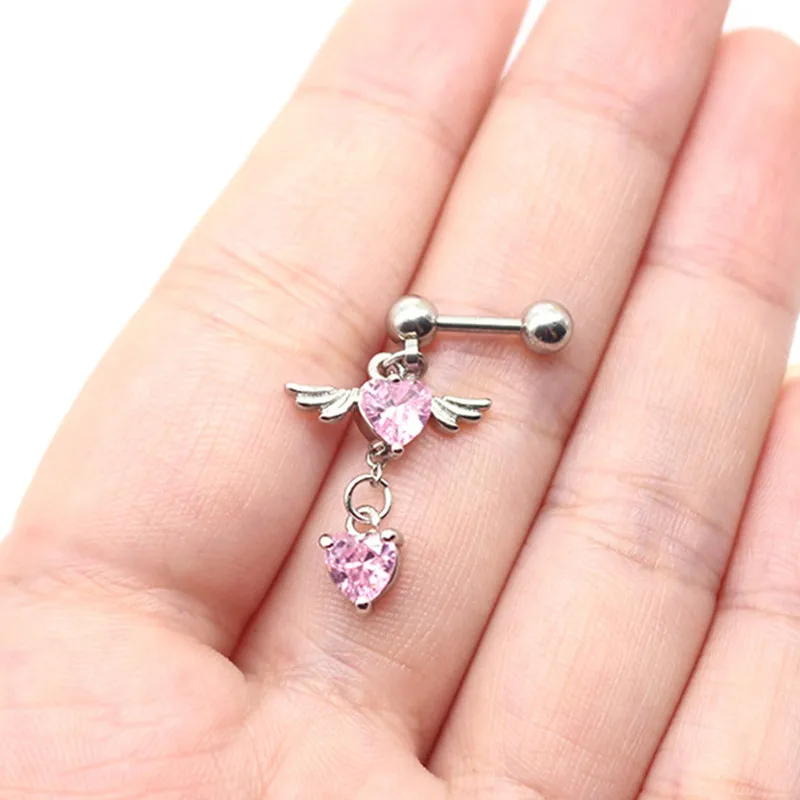 1.2mm Y2K Pink CZ Zircon Angel Wings Heart Helix Piercing Daith Cartilage Earrings Tragus Piercing Body Lobe Earring For Egirl