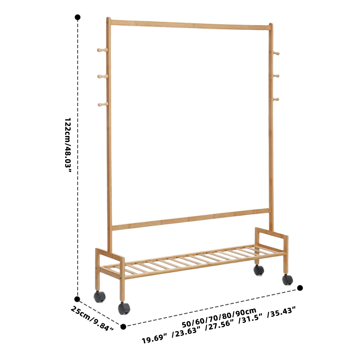 

Coat Rack Bamboo Floor Shelf Stand with Wheels Multifunction Storage Rack Organizer Garment Clothes Removable Holder Shelves