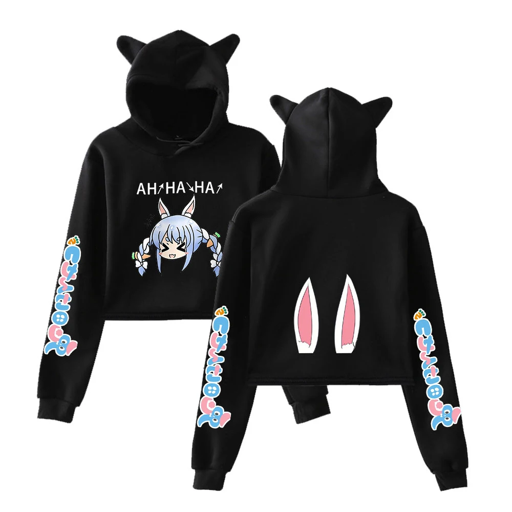 

Usada Pekora Printed Cat Cropped Hoodies Women Long Sleeve Hooded Pullover Crop Tops Casual Lovely Streetwear Clothes
